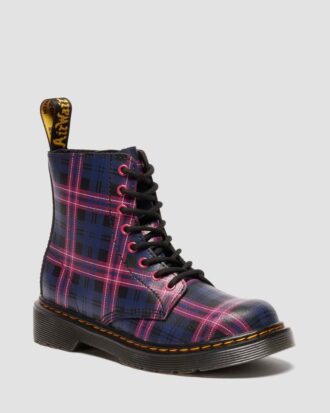 1460 PASCAL JUNIOR PINK TARTAN LACE UP KIDS BOOTS